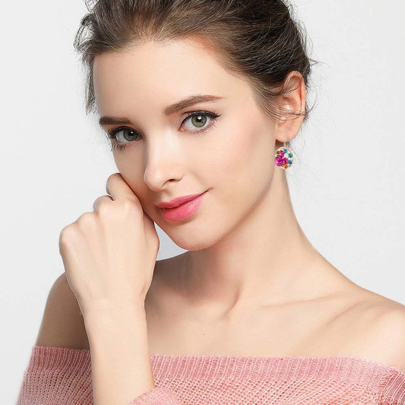 EVEVIC Multicolored Austrian Crystal Drop Earrings for Women 14K Gold Plated Leverback Dangle Hoop Earrings (Rose Main Crystal/Rose Gold-tone) - Image 2